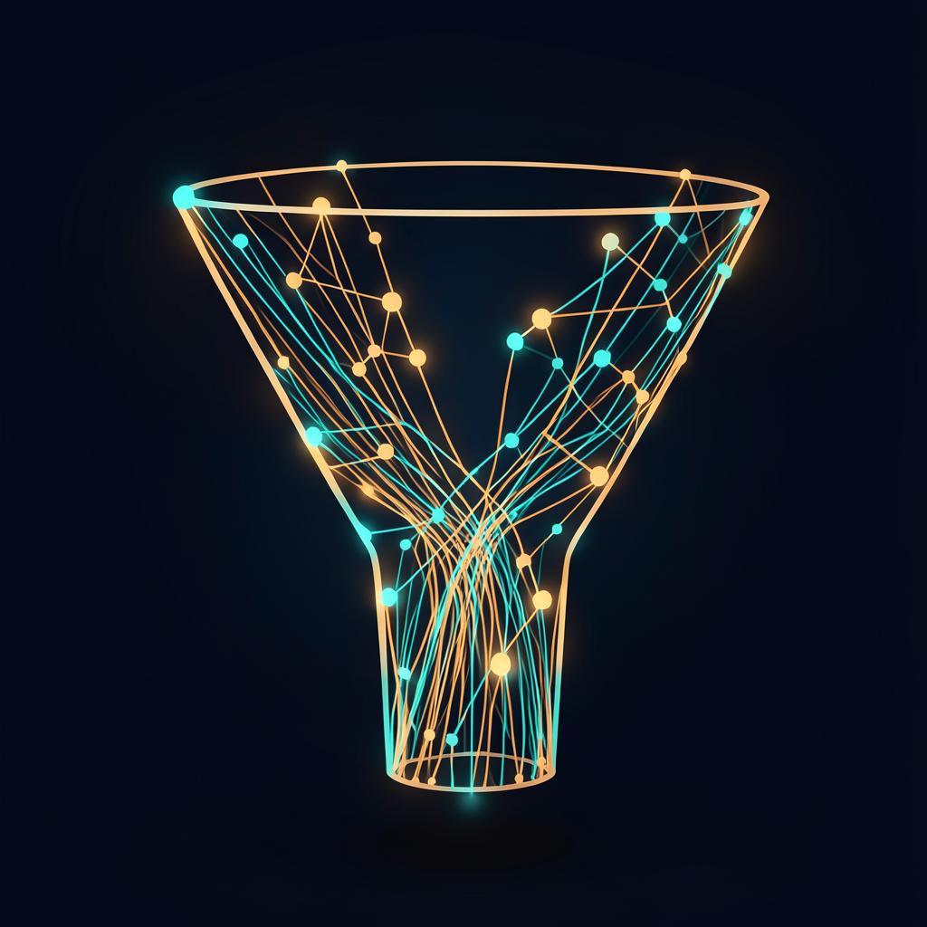 Abstract funnel of glowing data streams representing a sales pipeline